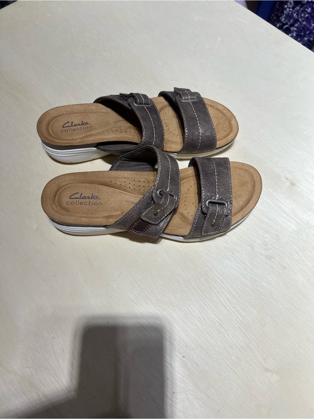 Clarks Women’s Brown Double-Strap Slide Sandals with Buckle Detail